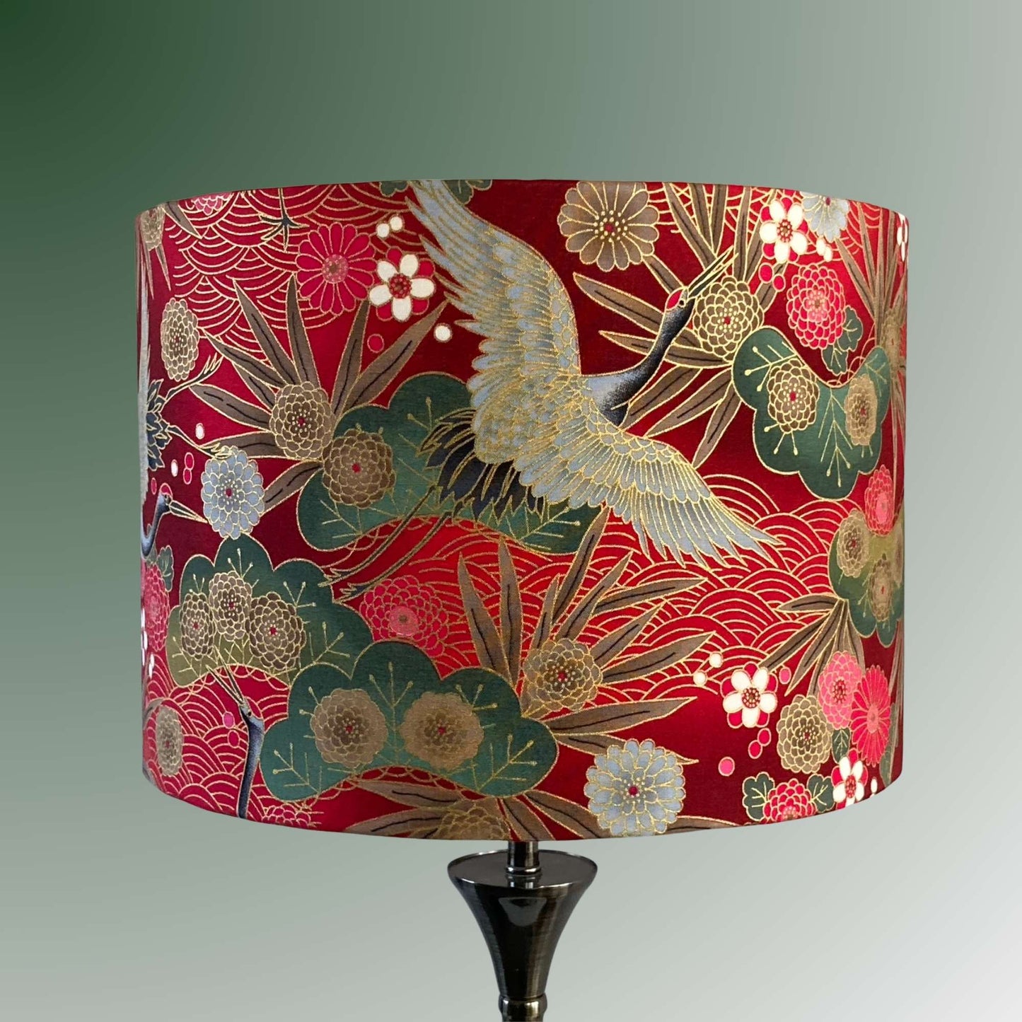 Drum Lampshade made with Authetic Japanese fabric with cranes, florals and metalic gold accents on silver lamp