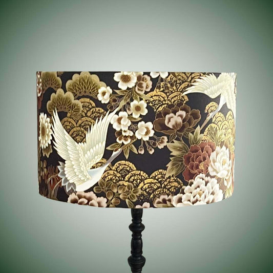 Japanese cranes and florals drum lampshade with metallic accents 