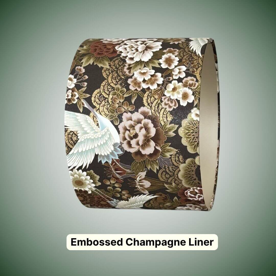 Japanese cranes and florals drum lampshade with metallic accents and embossed champagne liner