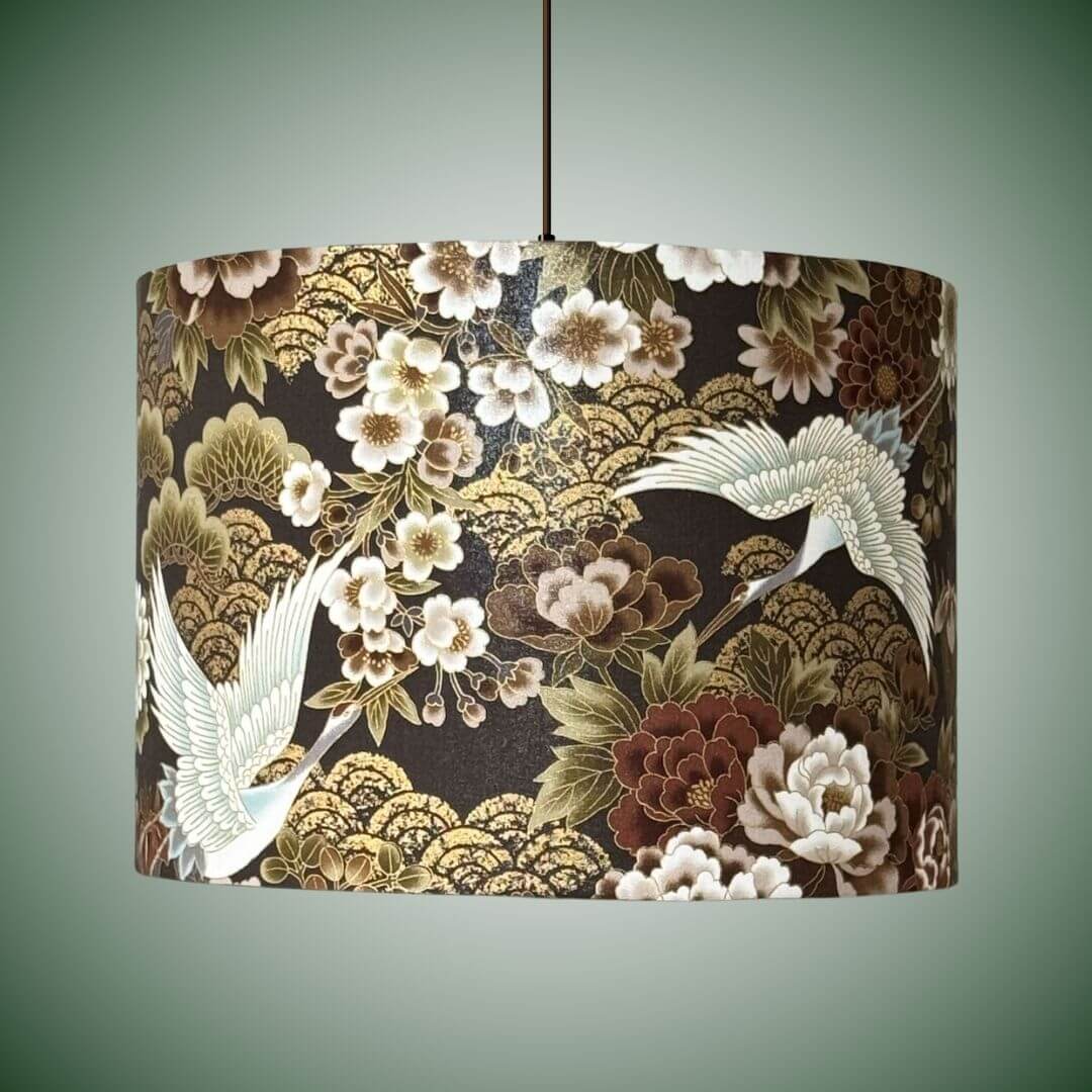 Japanese cranes and florals drum lampshade with metallic accents on ceiling light