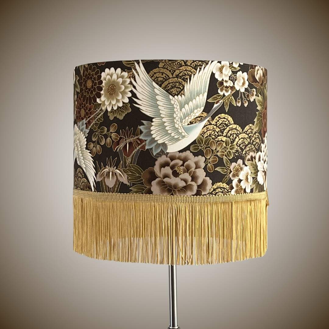 Japanese cranes and florals drum lampshade with gold fringe 