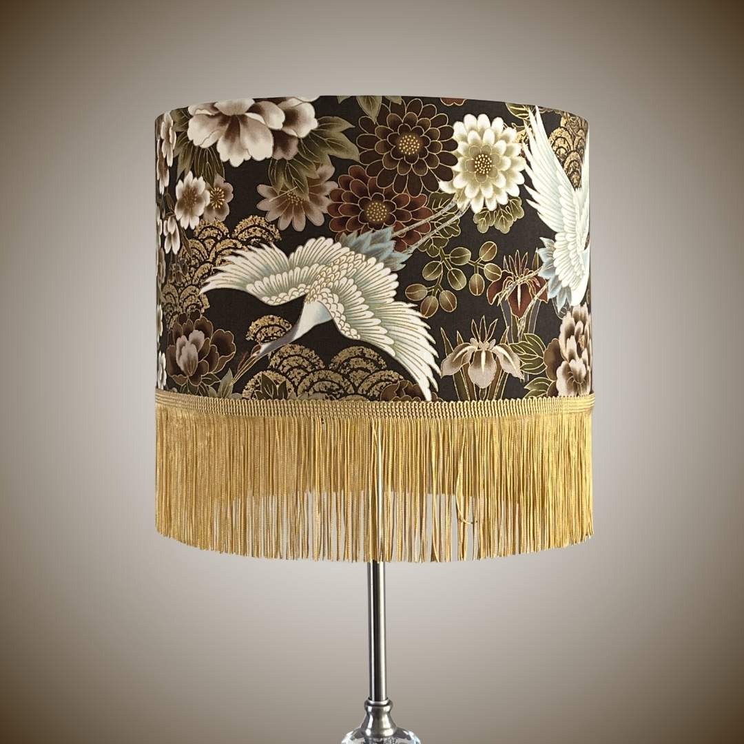 Japanese cranes and florals drum lampshade with gold fringe 