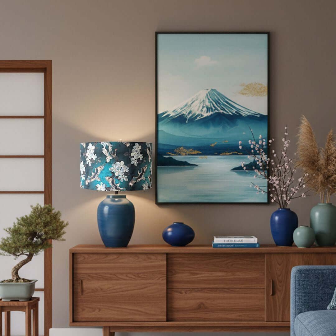Living room with wooden sideboard, decorative lamp, and painting of Mount Fuji.