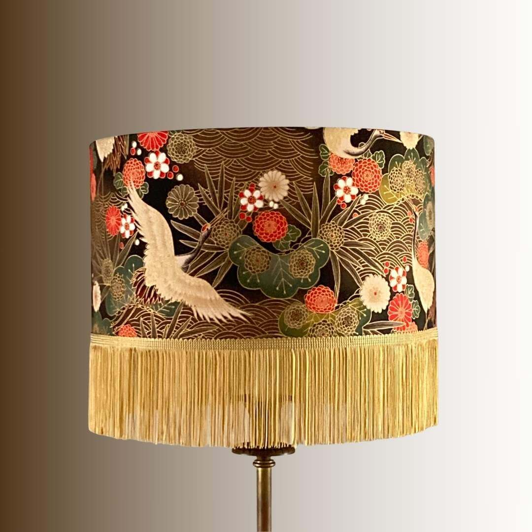 Drum Lampshade made with Authetic Japanese fabric with cranes, florals, metalic gold accents and gold fringe