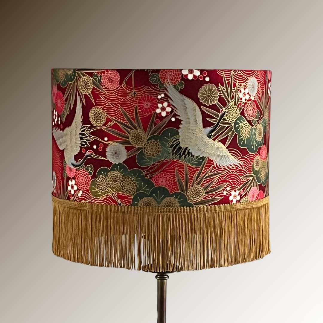 Drum Lampshade made with Authetic Japanese fabric with cranes, florals, metalic gold accents and gold fringe