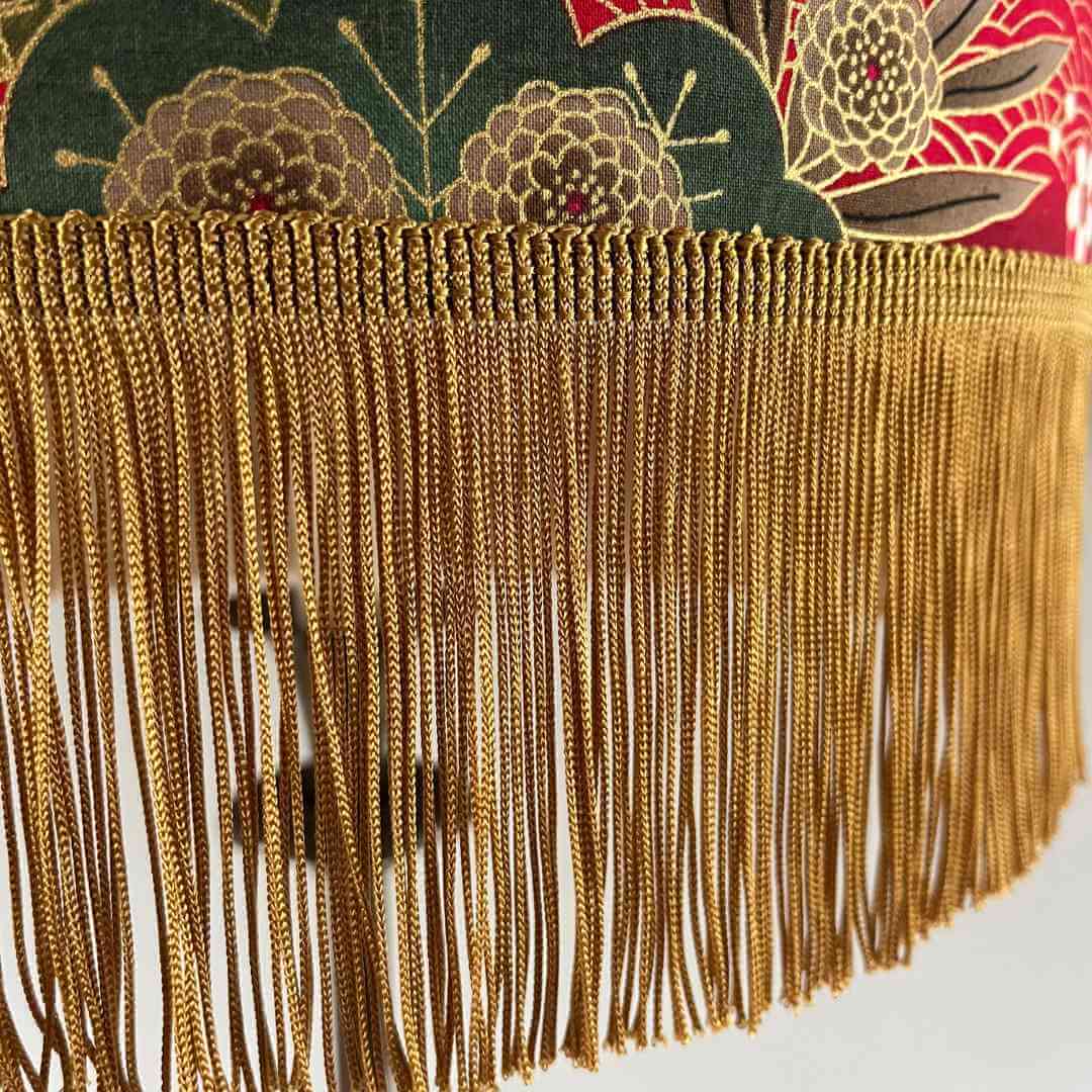 Drum Lampshade made with Authetic Japanese fabric with cranes, florals, metalic gold accents and gold fringe - detail