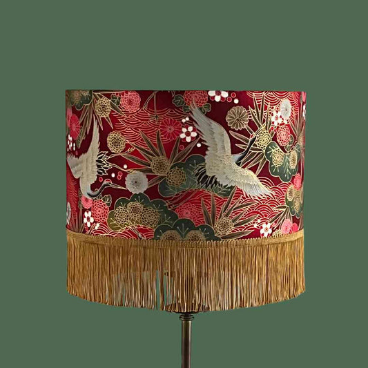 Drum Lampshade made with Authetic Japanese fabric with cranes, florals, metalic gold accents and gold fringe