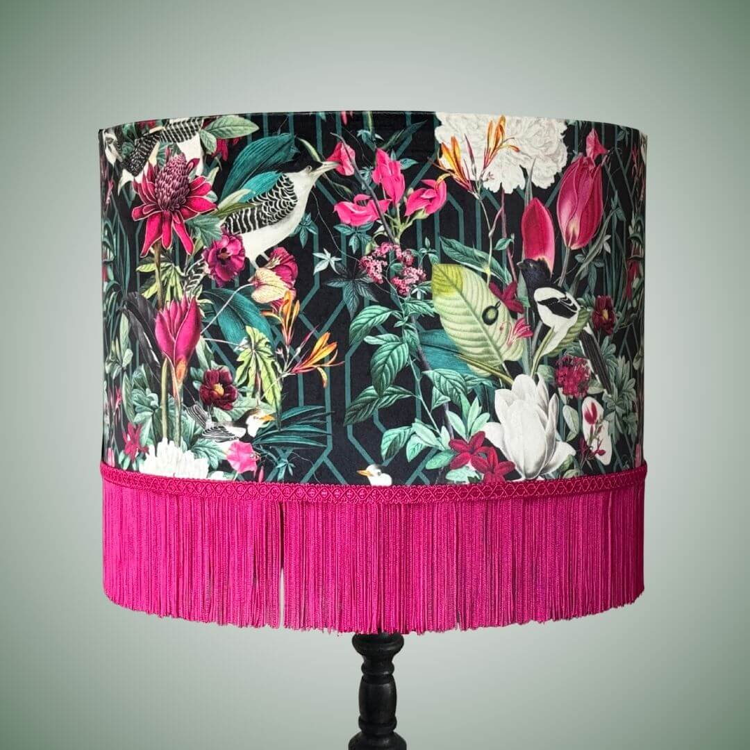 Jungle birds and florals lampshade with hot pink fringe 