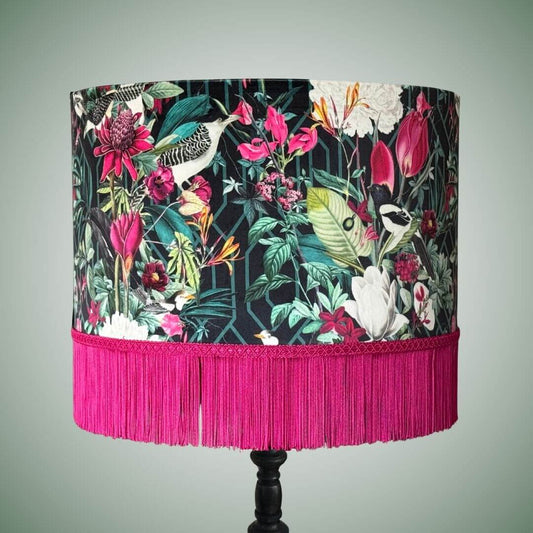 Jungle birds and florals lampshade with hot pink fringe 
