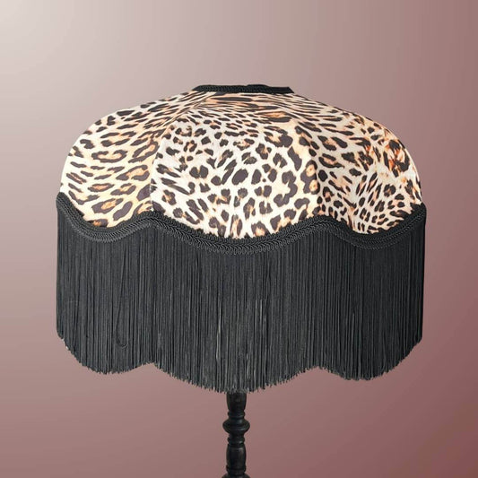 Leopard Print velvet Art Deco 1920s style lampshade with black fringe