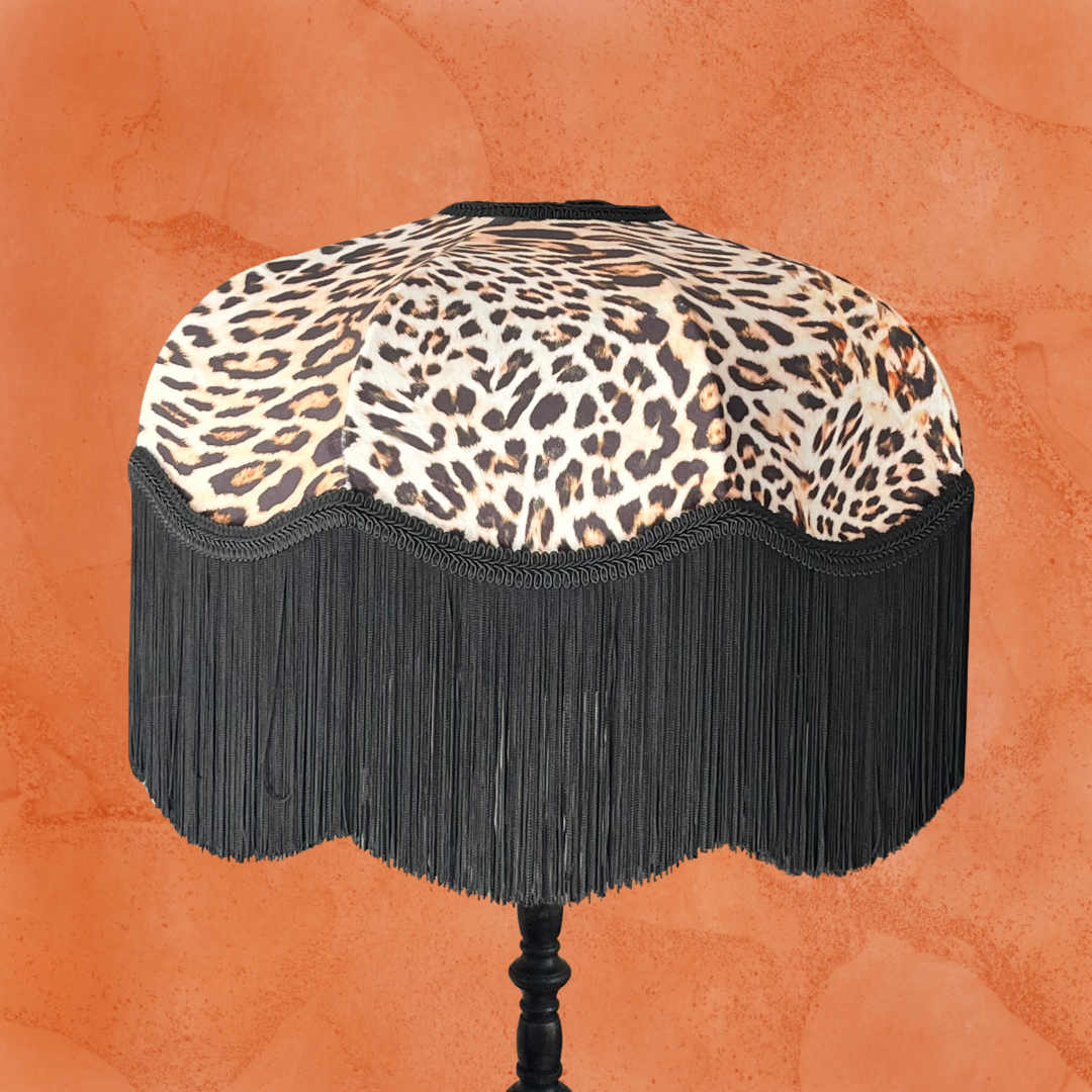 Leopard Print velvet Art Deco 1920s style lampshade with black fringe  on lamp stand