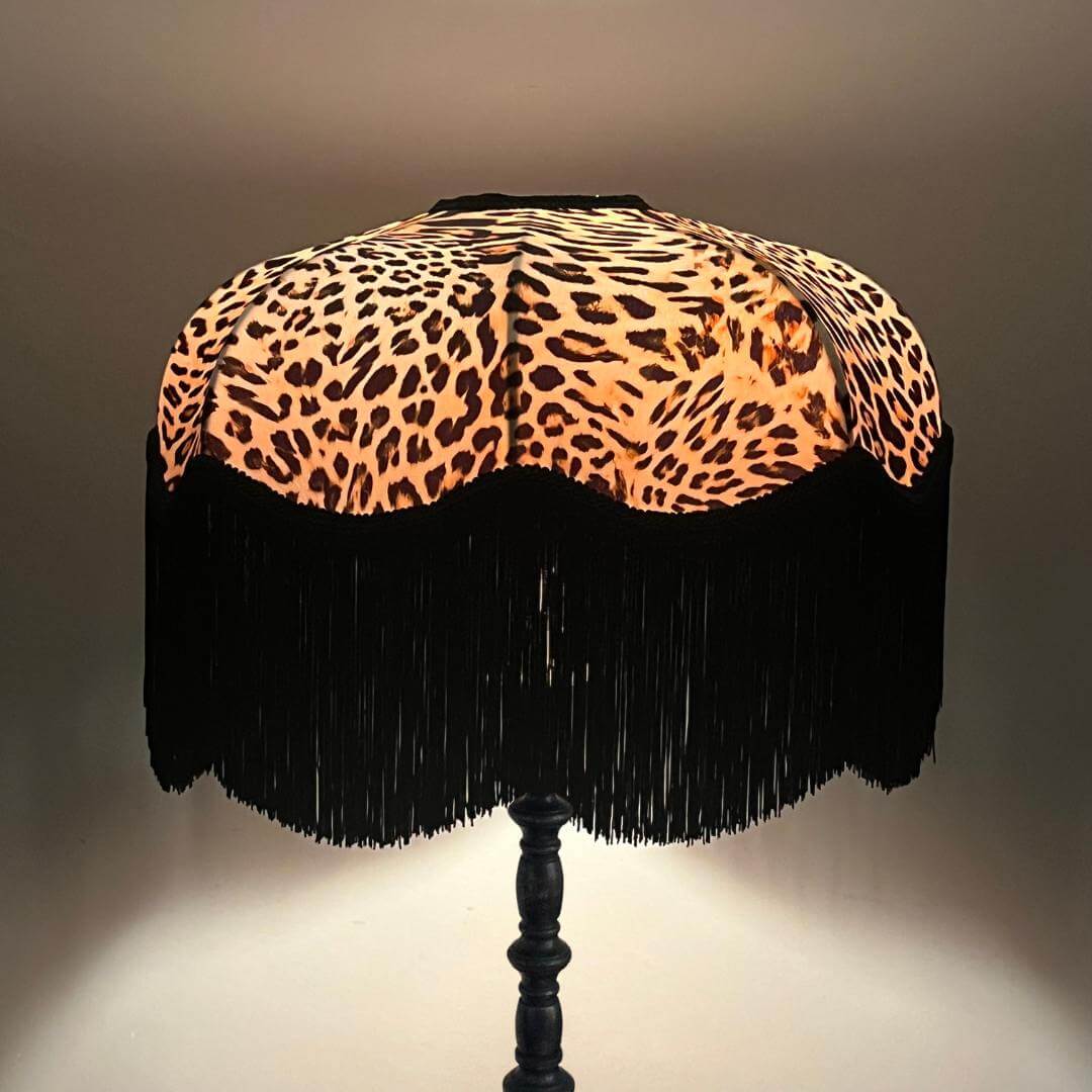 Leopard Print velvet Art Deco 1920s style lampshade with black fringe illuminated