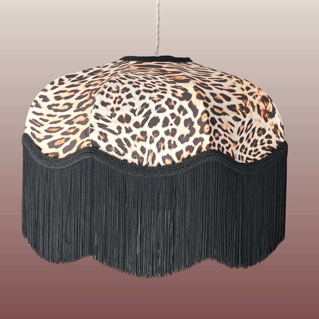 Leopard Print velvet Art Deco 1920s style lampshade with black fringe