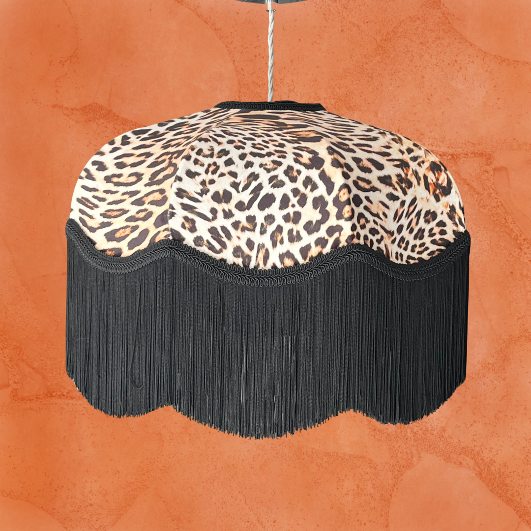 Leopard Print velvet Art Deco 1920s style lampshade with black fringe on pendant