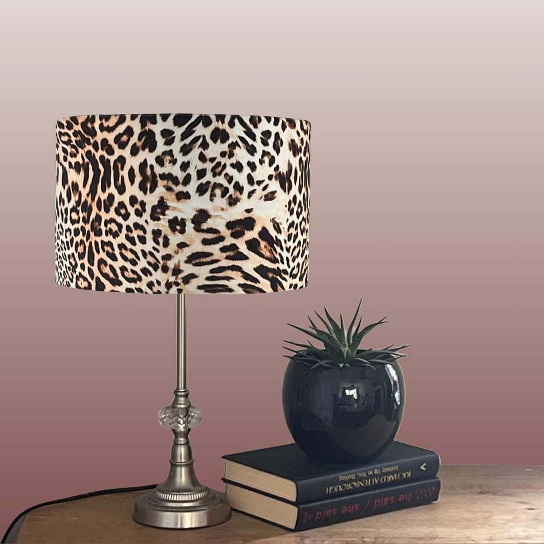 Leopard Print velvet drum lampshade on table