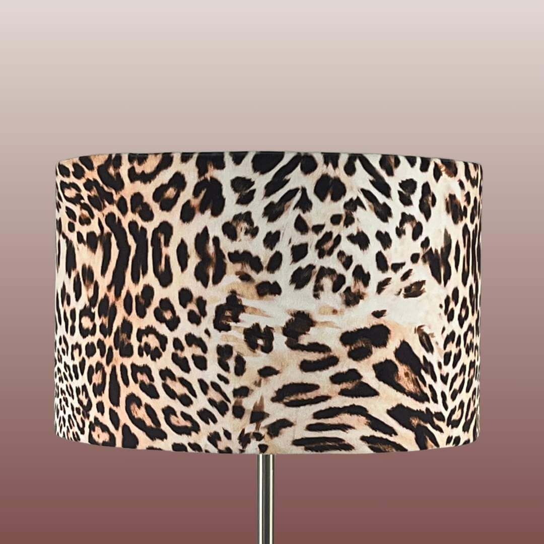 Leopard Print velvet drum lampshade on lamp stand