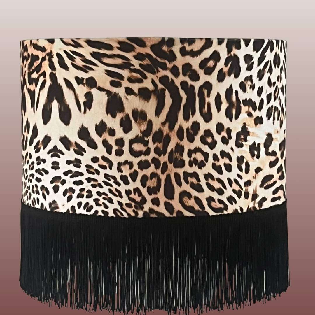 Leopard print velvet lampshade with fringe close up