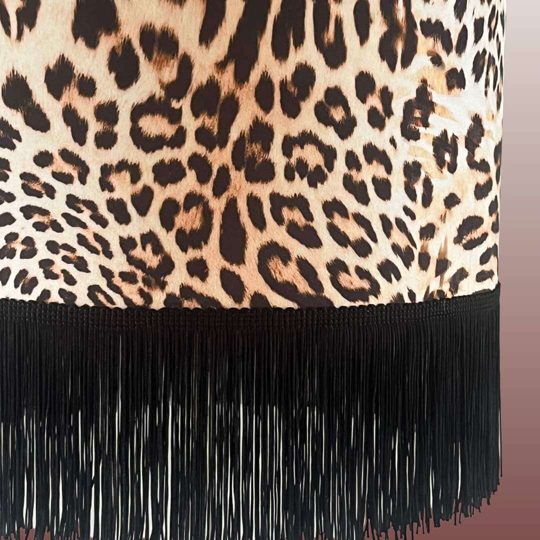 Leopard print velvet lampshade with fringe close up