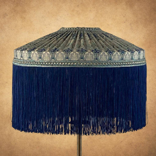 Tiffany lampshade hand pleated with Liberty Ianthe art deco fabric and deep navy fringe tassels and braid with metalic gold  