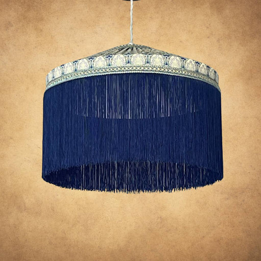 Tiffany style lampshade with Liberty art nouveau fabric and navy fringe on pendant fitting