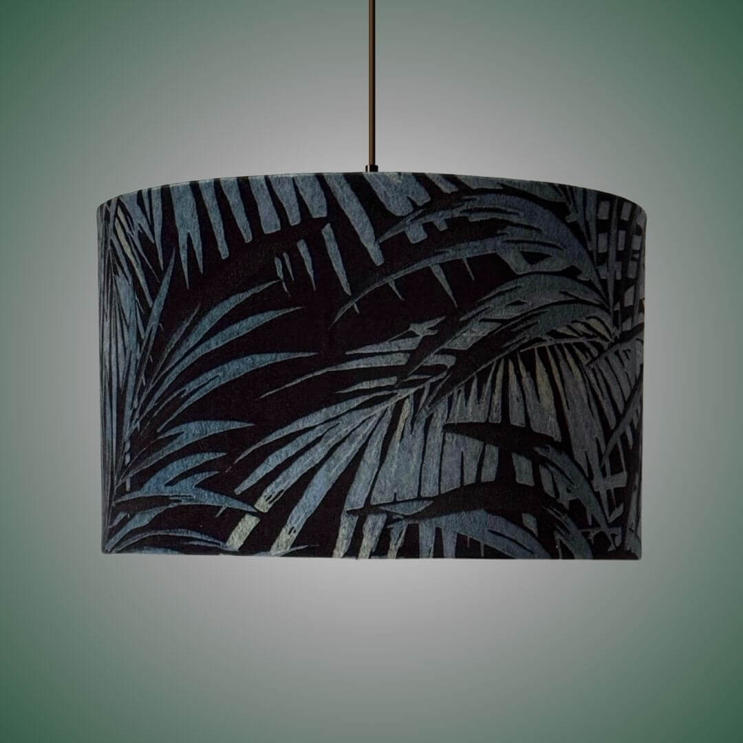 Linwood Butterfly Palm velvet in Lago Drum Lampshade on a ceiling light