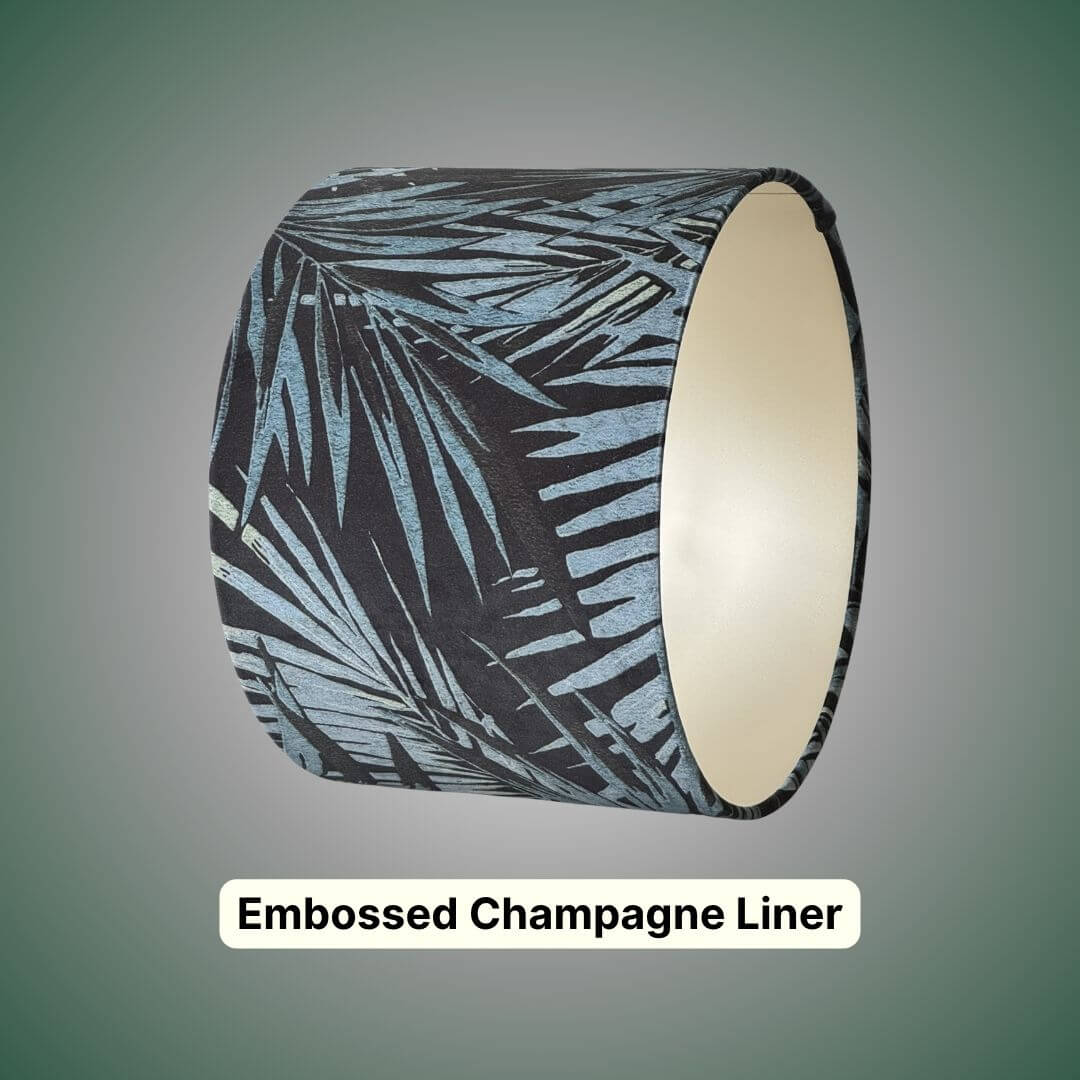 Linwood Butterfly Palm velvet in Lago Drum Lampshade with a champagne liner