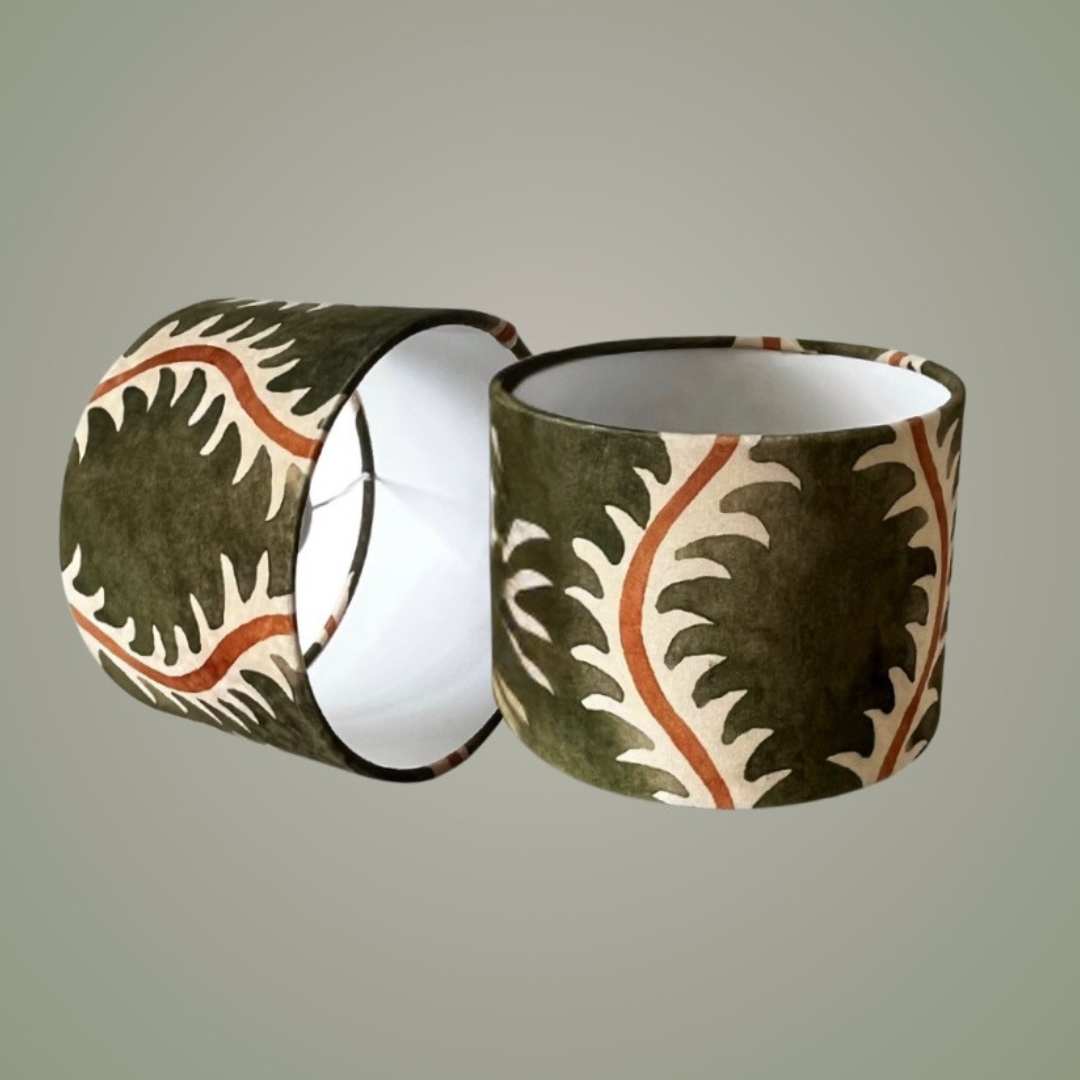 Linwood Helter Skelter lampshades in moss velvet 