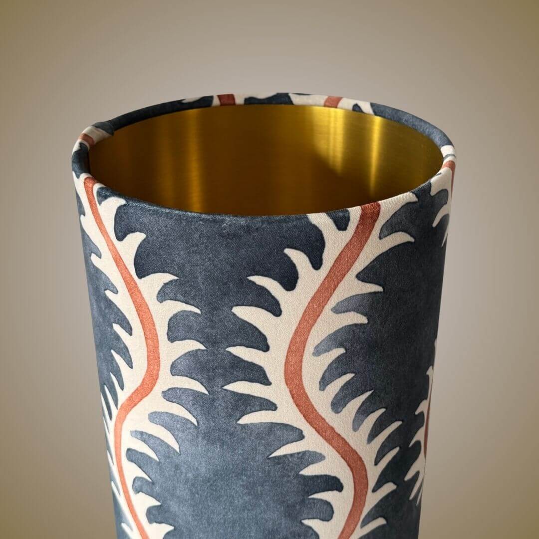Tall thin Linwood Helter Skelter lampshade in ink velvet with gold liner