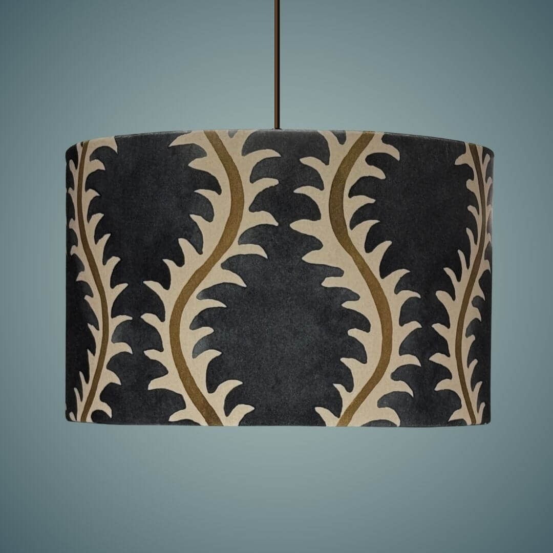 Linwood helter skelter velvet drum lampshade in midnight - dark blue with muted olive green on a ceiling light pendant