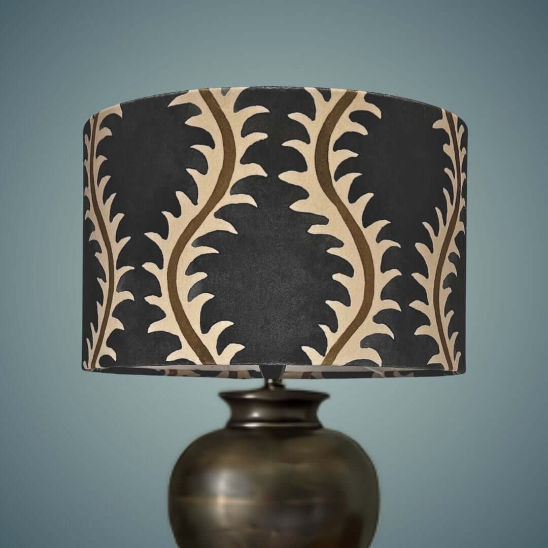 Linwood helter skelter velvet drum lampshade in midnight - dark blue with muted olive green 