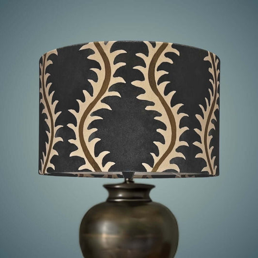 Linwood helter skelter velvet drum lampshade in midnight - dark blue with muted olive green 