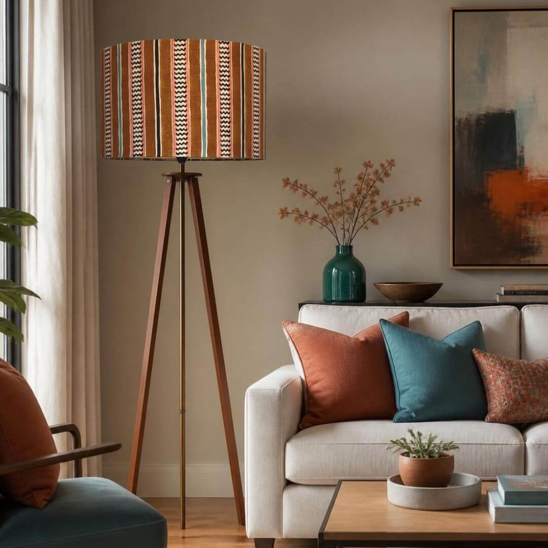 A tall tripod floor lamp with a drum lampshade in Linwood hire wire fabric. Featuring an alternating chevron and solid stripe pattern, shown in a styled living room.