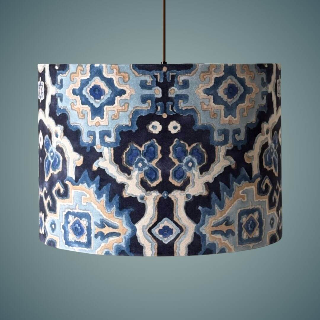 Linwood Kami Indigo Drum Lampshade on ceiling light