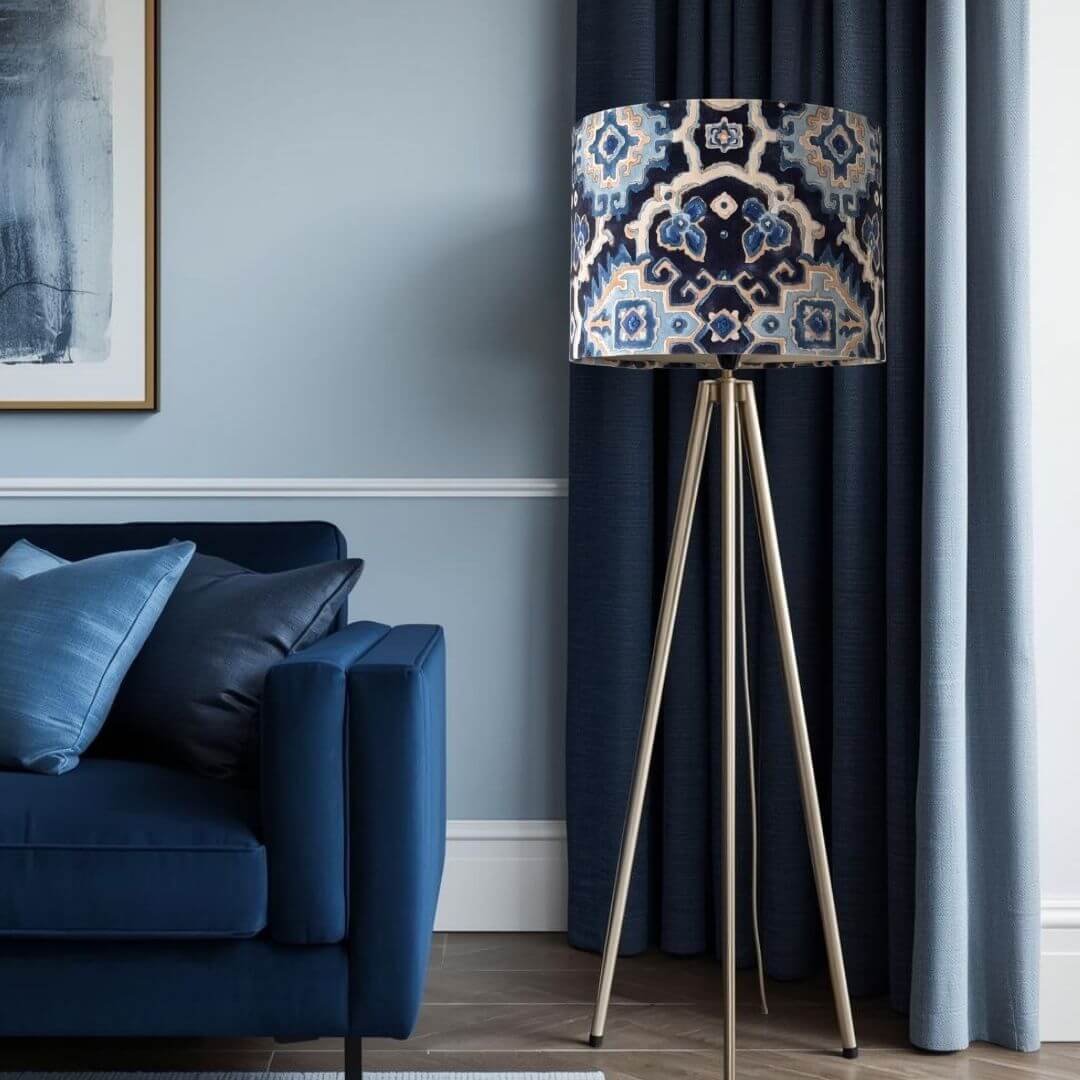 Linwood Kami Indigo Drum Lampshade on tripod lamp