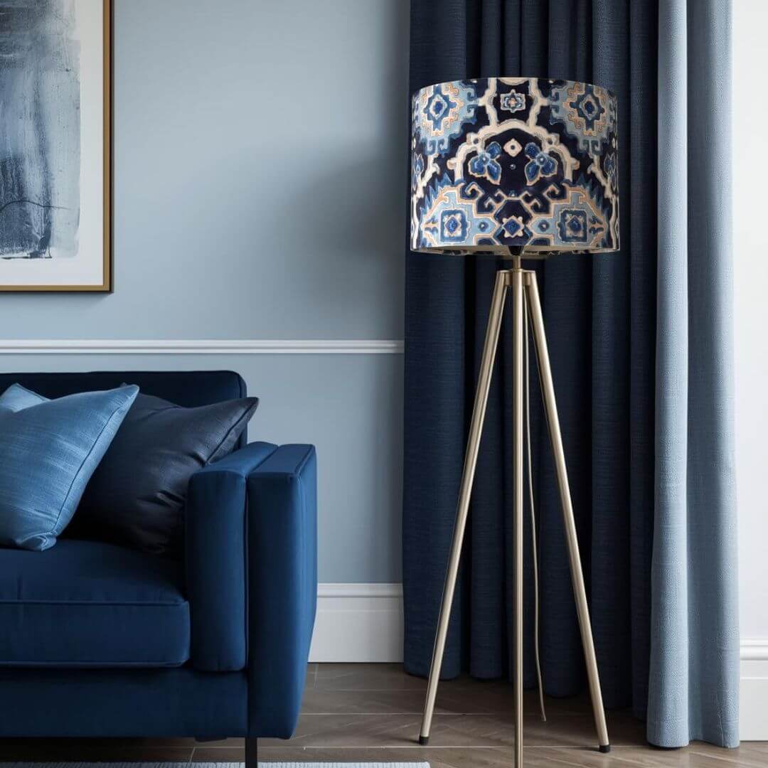Linwood Kami Indigo Drum Lampshade on tripod lamp