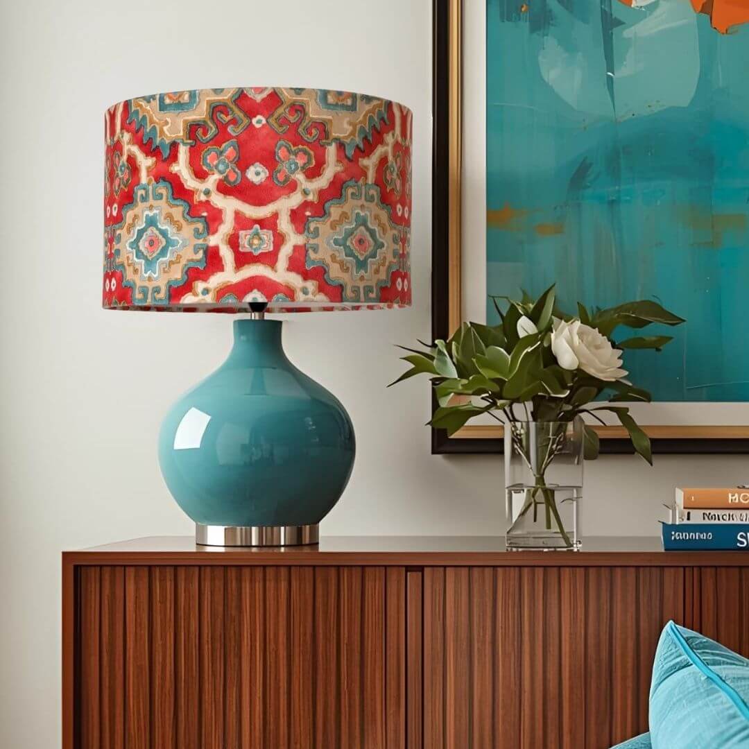 Linwood omega velvet kami drum lampshade in chilli shown on a blue ceramic lampbase on a sideboard