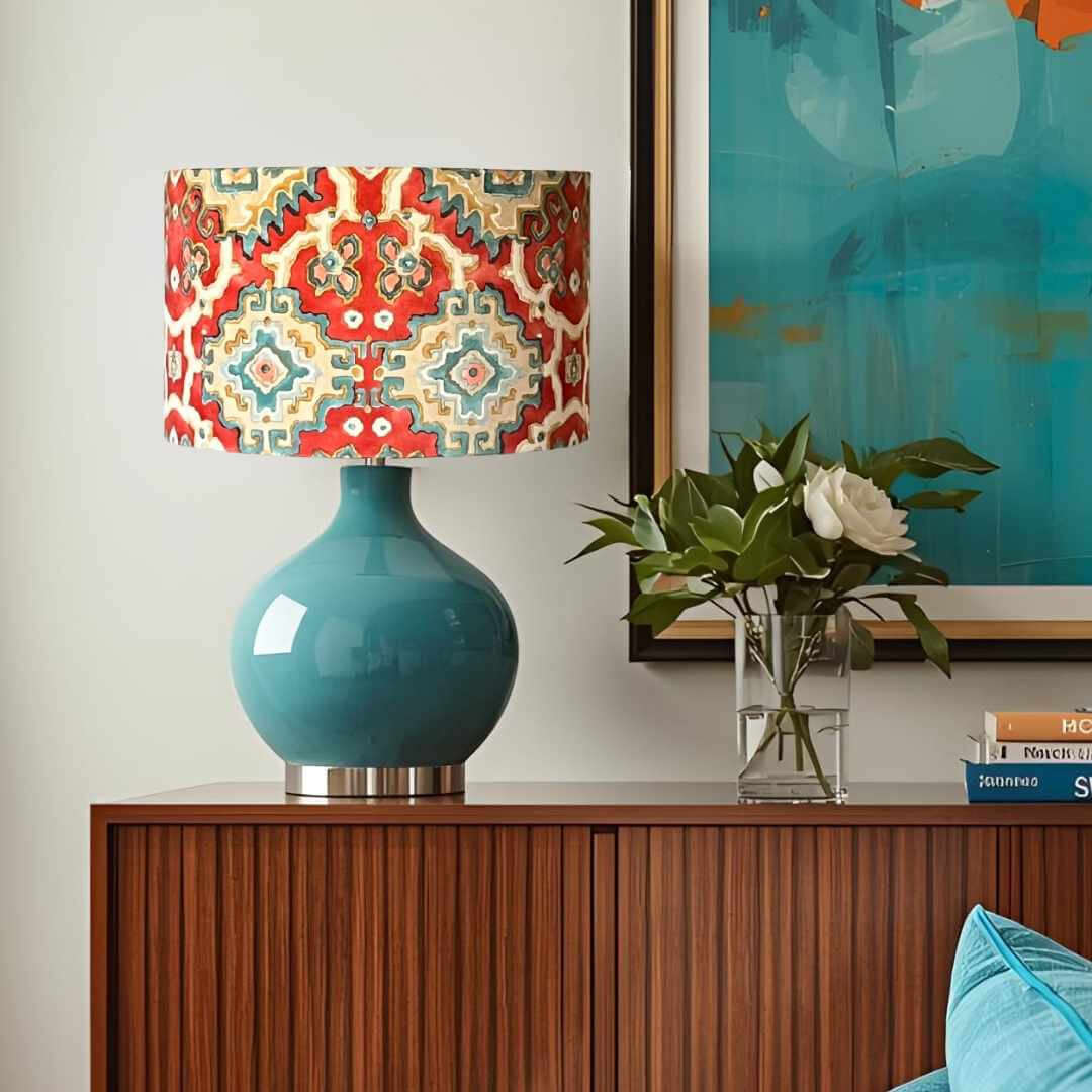 Decorative lamp with a colourful shade on a wooden sideboard with books and a vase.