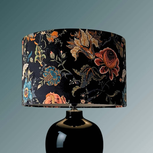 Drum lampshade made from Mallion & Knowles Athena midnight velvet on a black lampbase