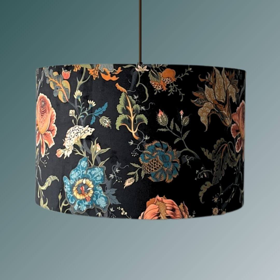 Drum lampshade made from Mallion & Knowles Athena midnight velvet on a ceiling pendant