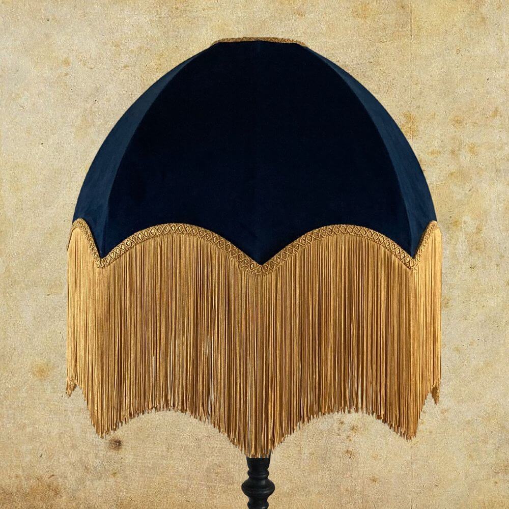 Navy velvet dome parachute vintage style lampshade with deep gold fringe tassels 