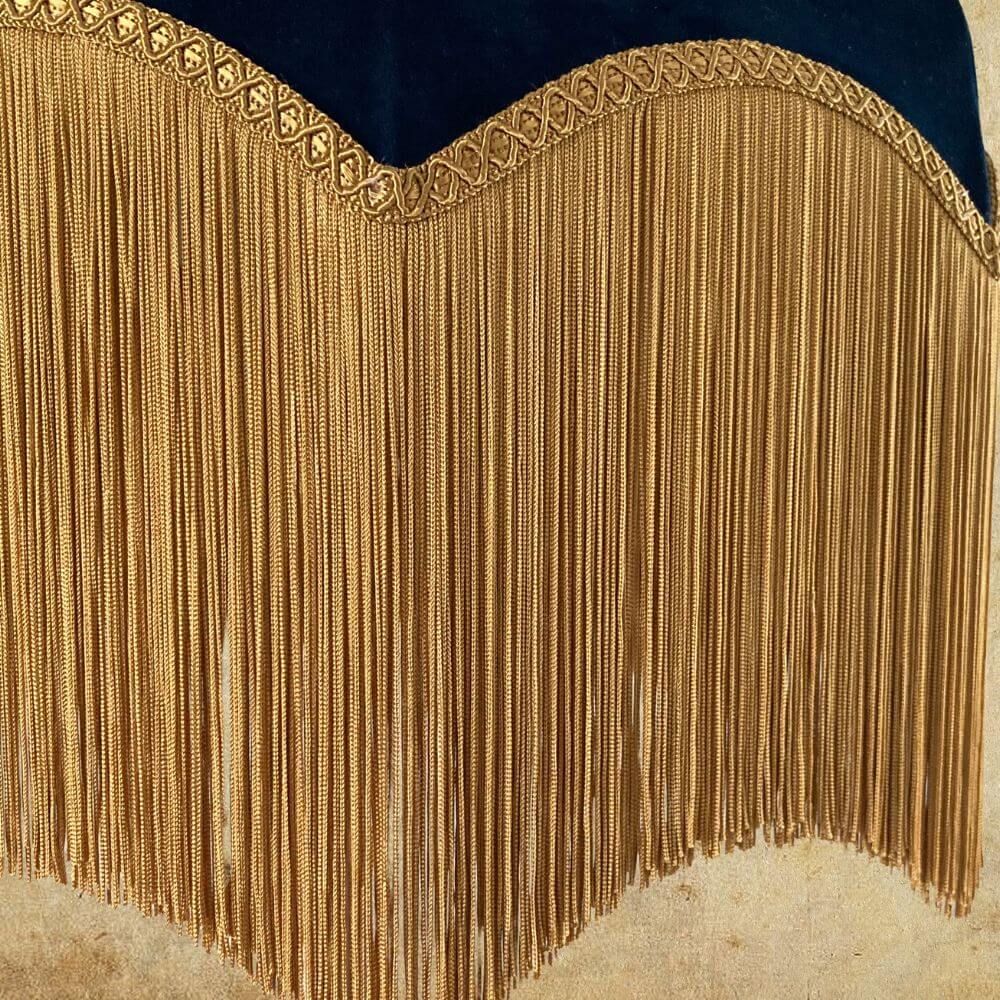 Navy velvet dome parachute vintage style lampshade with deep gold fringe tassels detail