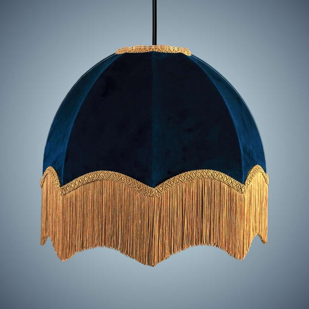 Navy velvet dome parachute vintage style lampshade with gold fringe