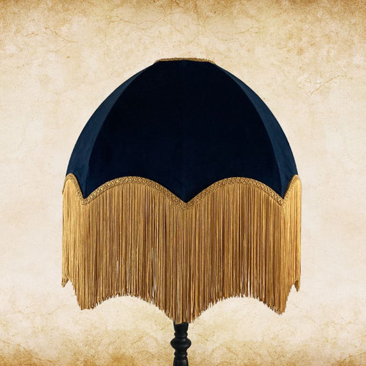 Navy velvet dome parachute vintage style lampshade with deep gold fringe tassels