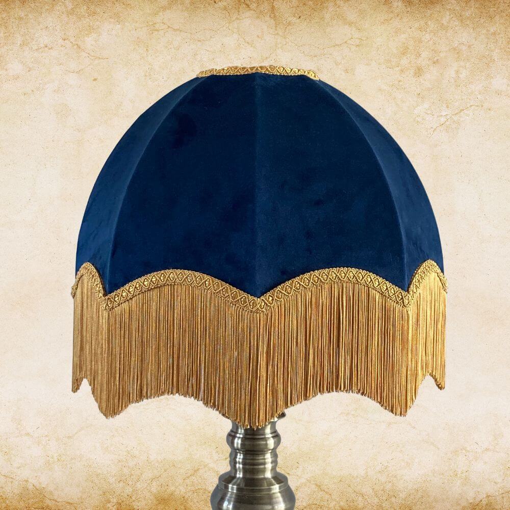 Navy velvet dome parachute vintage style lampshade with gold fringe tassels