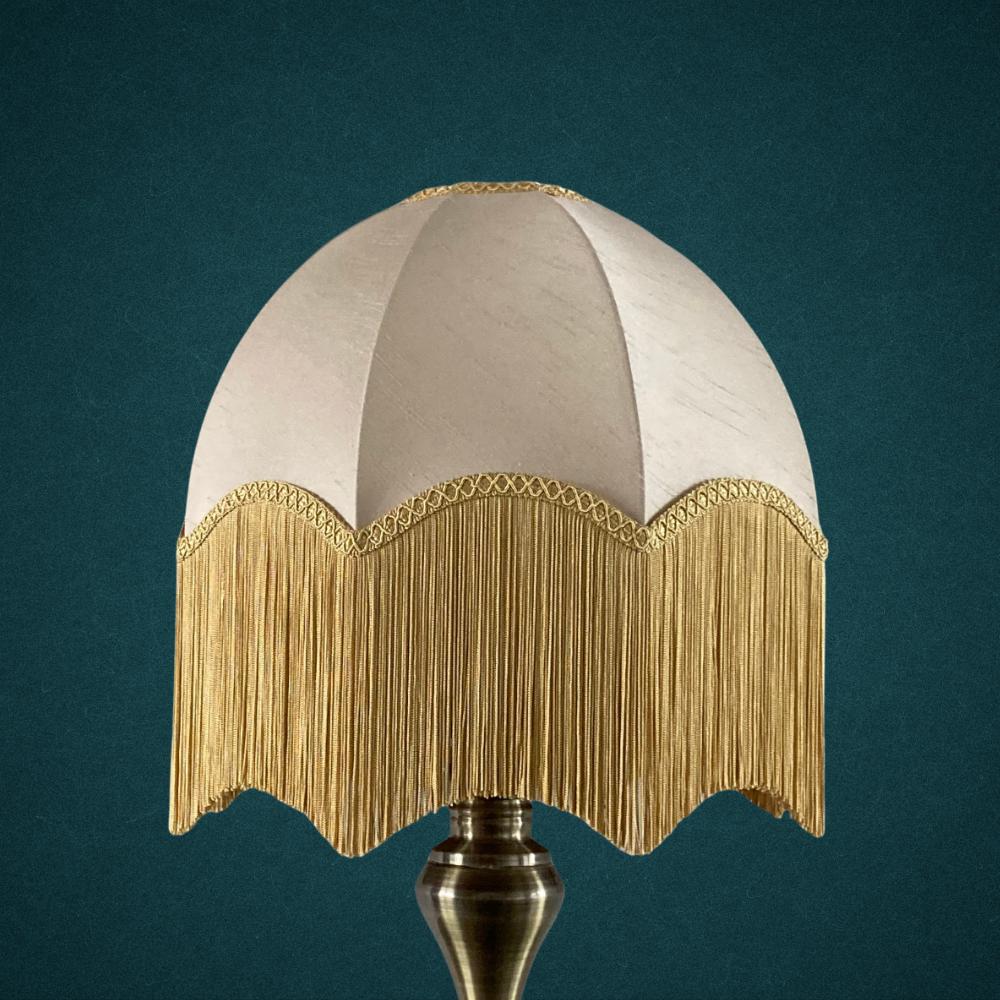 vintage style dome parachute lampshade with neutral champagne silk and deep gold fringing tassels