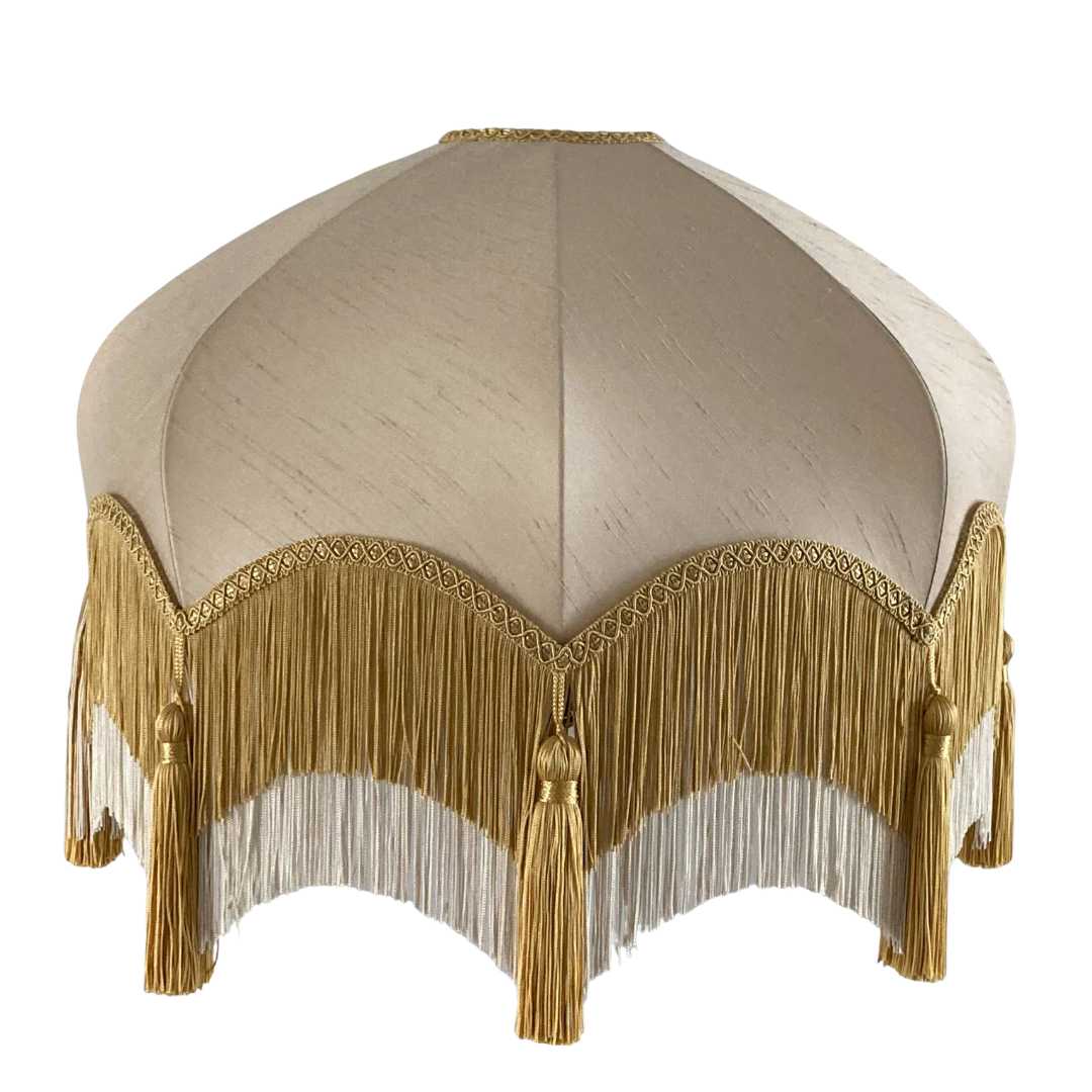 Restored and recovered Ornate vintage lampshade in neutral silk and tiered 2 colour fringe and gold tassels 