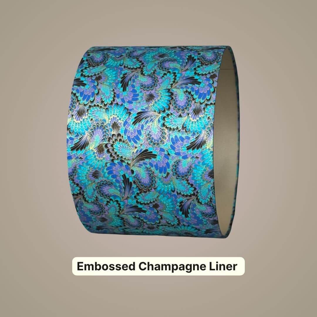 Palazzo Peacock-feather design drum lampshade with a metallic champagne liner