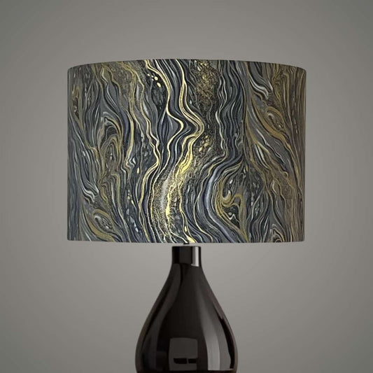Decorative drum lampshade with a marbled pattern in shades of grey, silver and gold 