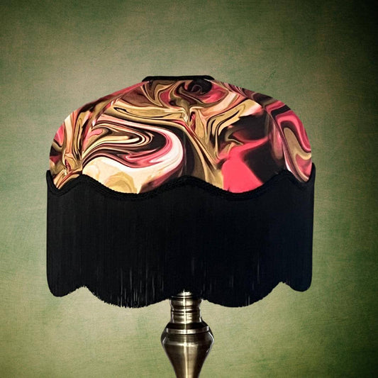 Raspberry Pink & dirty lime marble art deo style lampshade with black fringe on brass lamp