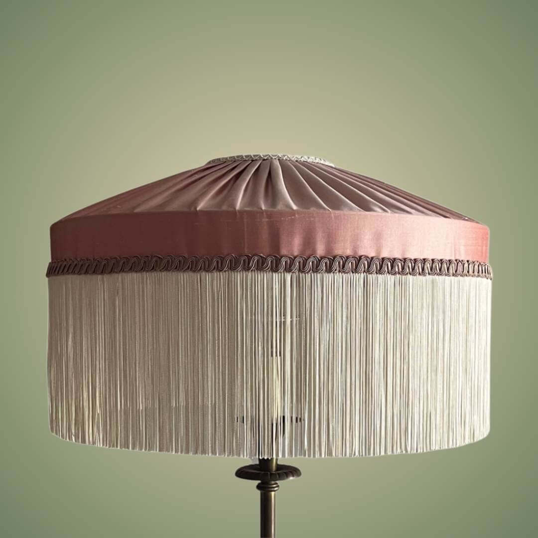 Pink silk tiffany style lampshade with ivory fringe 